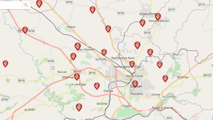 
	La mappa dei guasti alla rete elettrica nel Sassarese luned&igrave; mattina

