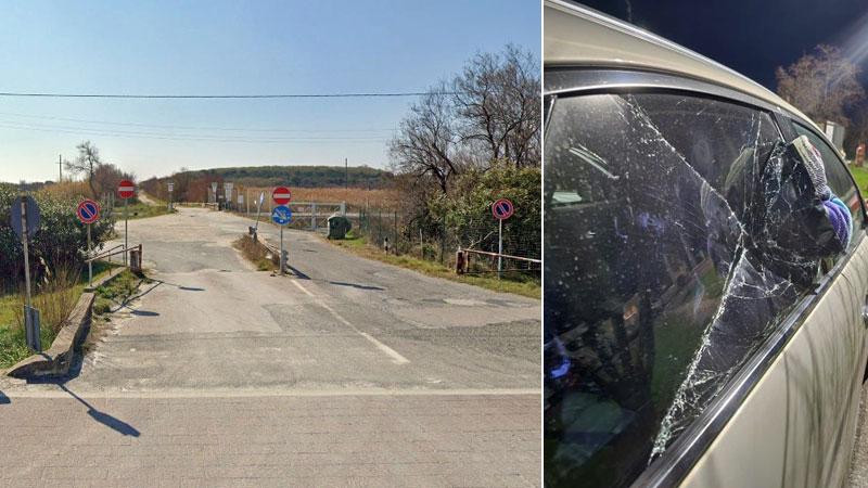 L’ingresso dell’area parcheggio vista dall’Aurelia dove i due visitatori hanno parcheggiato l’auto alle Spiagge Bianche di Vada e, a destra, il finestrino sfondato dai ladri