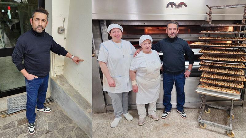 Giuliano Colangelo mostra il segno del fango sul muro e accanto insieme alla mamma Rocca Telesca e alla moglie Daniela Rosselli
