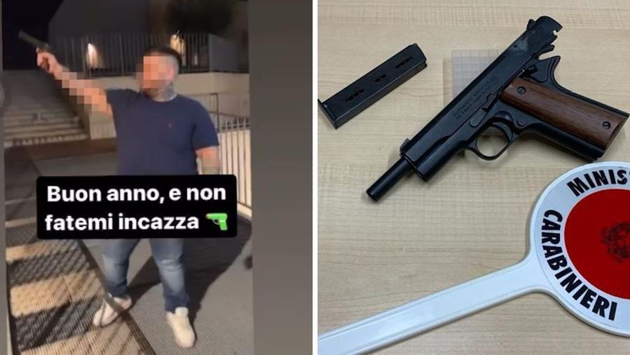 Un fermo immagine del video e la pistola a salve sequestrata
