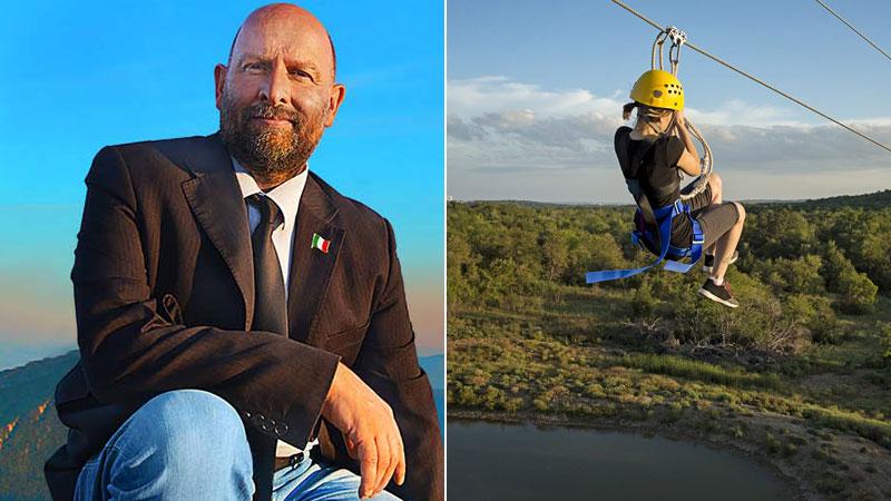 Michele Giannini. È il sindaco di Fabbriche di Vergemoli. A destra turista su una teleferica