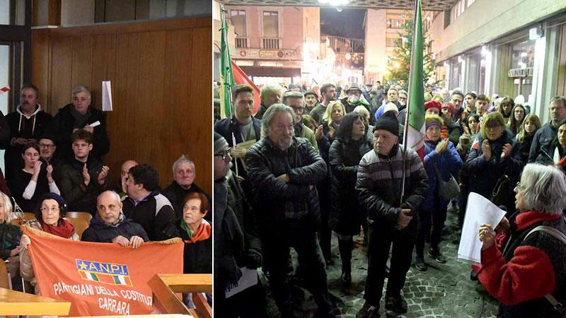
	In alto a sinistra il pubblico in consiglio comunale a Massa e, a destra, la presidente dell&rsquo;Anpi Elena Cordoni che protesta contro l&rsquo;ipotesi di una strada per Almirante

