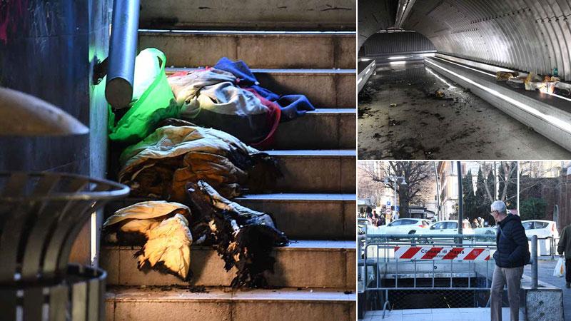 Nella foto grande, alcune coperte e abiti semi-bruciati, in alto il sottopasso con i resti inceneriti e la transenna che impedisce la discesa al sottopasso
