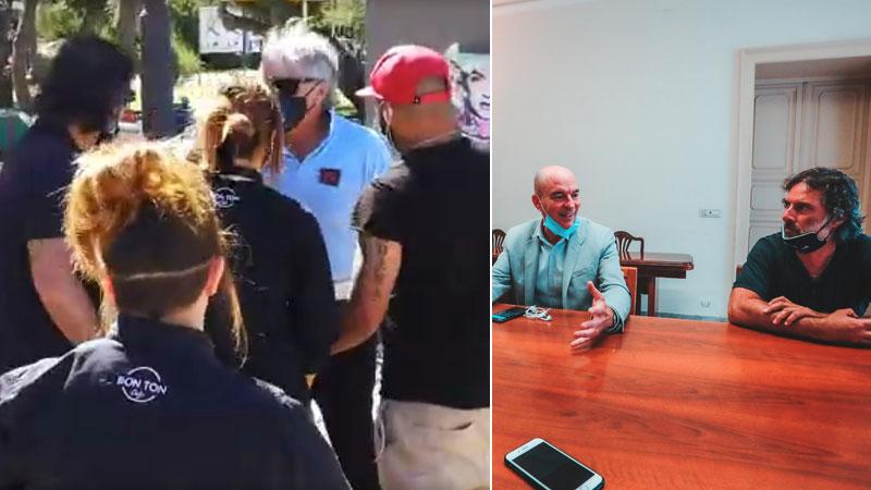 A sinistra un frame del video virale, con un vigile accerchiato da Scarpa e da altre persone. A destra la conferenza stampa organizzata poche ore dopo in Comune dal sindaco Luca Salvetti con Scarpa e Massimiliano Caleo