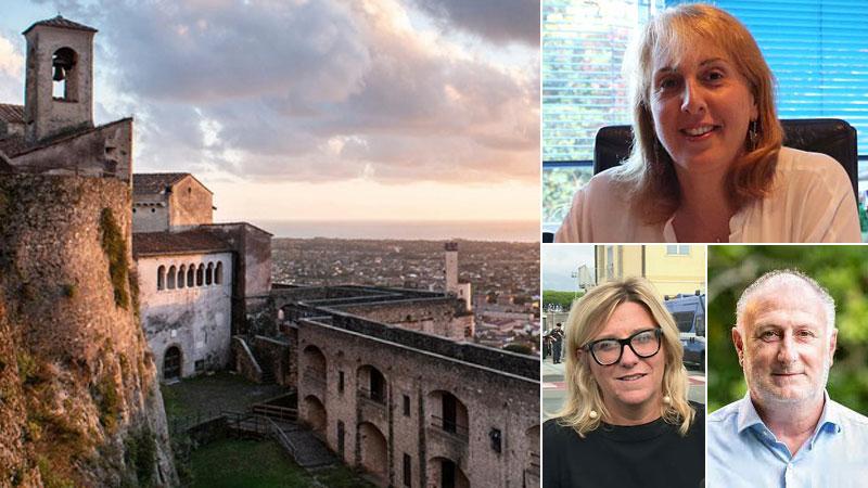 Nelle foto il castello Malaspina di Massa, accanto, a partire dall’alto, Sabrina Giannetti, Serena Arrighi e Gianni Lorenzetti