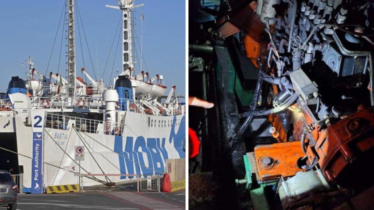 Il traghetto nel porto di Piombino e il punto da cui sarebbe partito il rogo