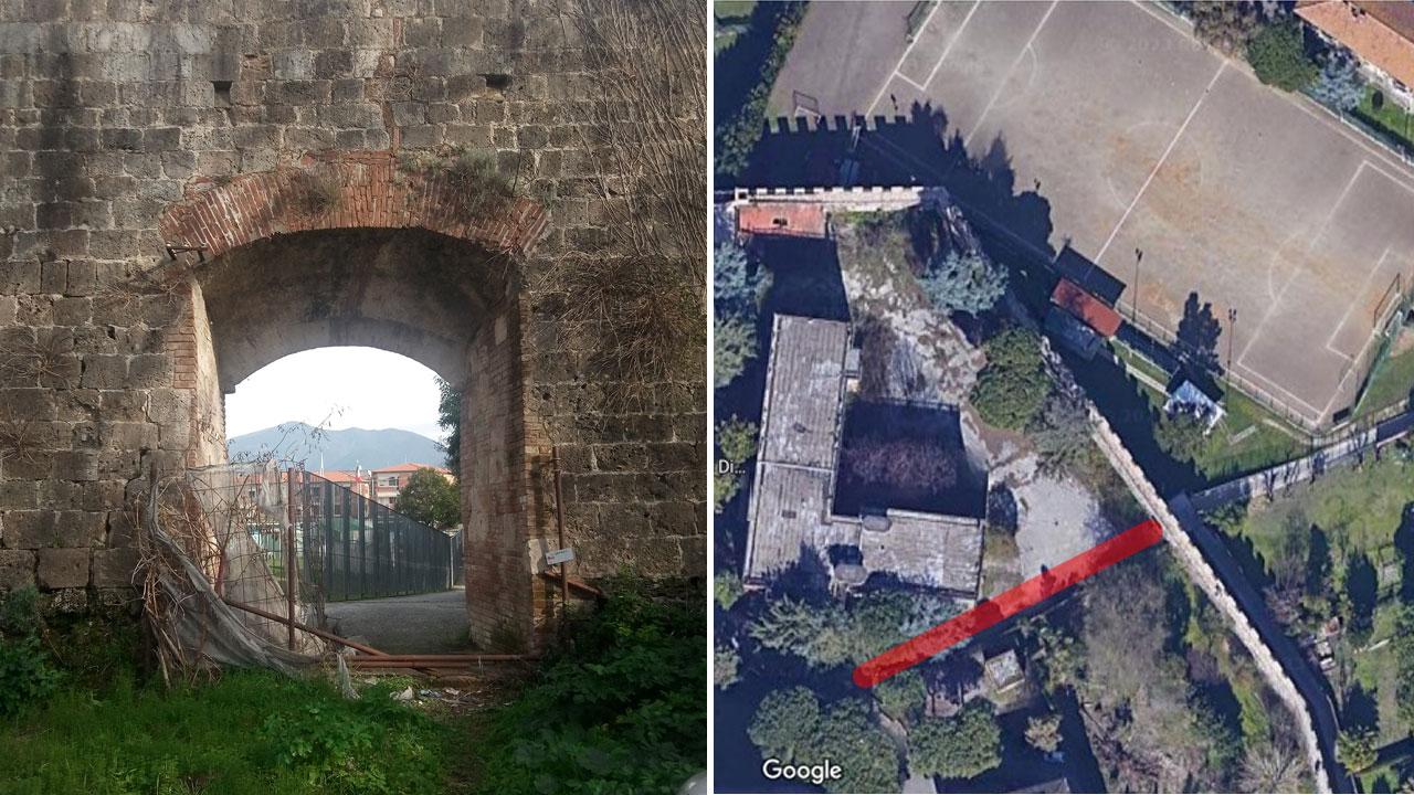 Nelle foto l’arco del quale la Fiab chiede l’apertura e, a destra, la zona dove deve essere completata la ciclabile