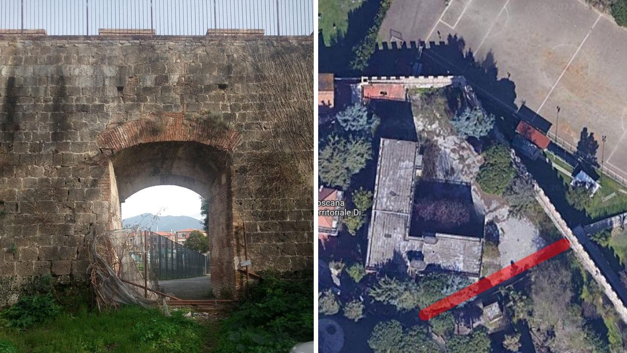 L’arco del quale la Fiab chiede l’apertura in modo permanente e sicuro e, a destra, la zona dove deve essere completata la ciclabile