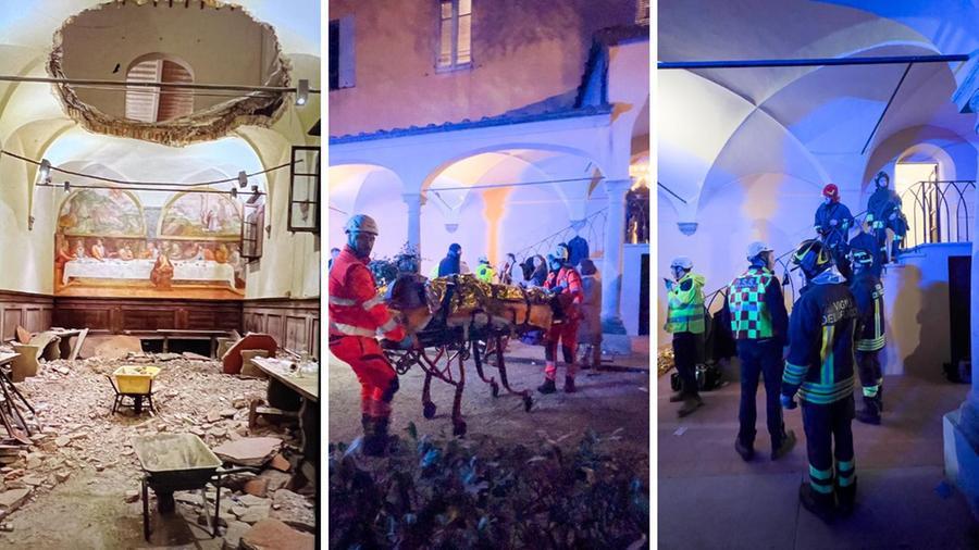 
	Da sinistra: il solaio crollato, i soccorsi e i vigili del fuoco al lavoro (Foto di Paolo Nucci)

