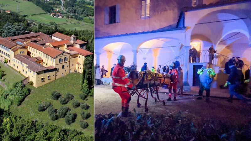 Il convento di Giaccherino e alcuni tragici momenti dei soccorsi ai feriti nella serata di sabato (foto Nucci)