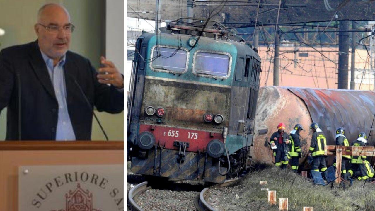 A sinistra il professor Emanuele Rossi a destra il treno della strage di Viareggio nel 2009