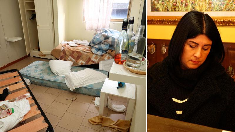 
	Una delle stanze dell'albergo messa a soqquadro e&nbsp;Vanessa Lucchesi alla reception del suo albergo (foto Nucci/Innocenti)

