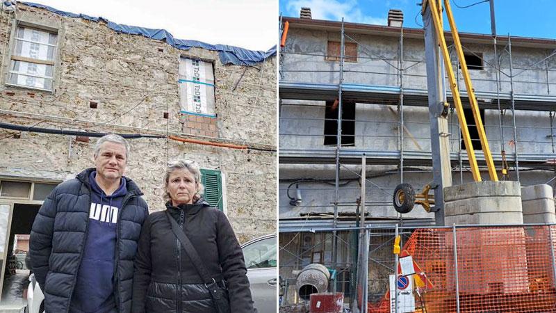 Fantoni e Belli davanti all’edificio smembrato e senza tetto coi lavori bloccati. In basso l’immobile in piazza Sforzini dopo gli ultimi lavori