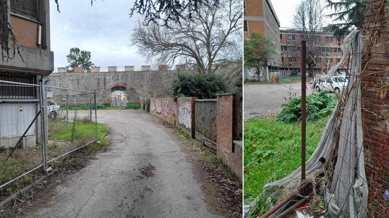 La strada nel piazzale dell’ex Asl e la recinzione ormai divelta