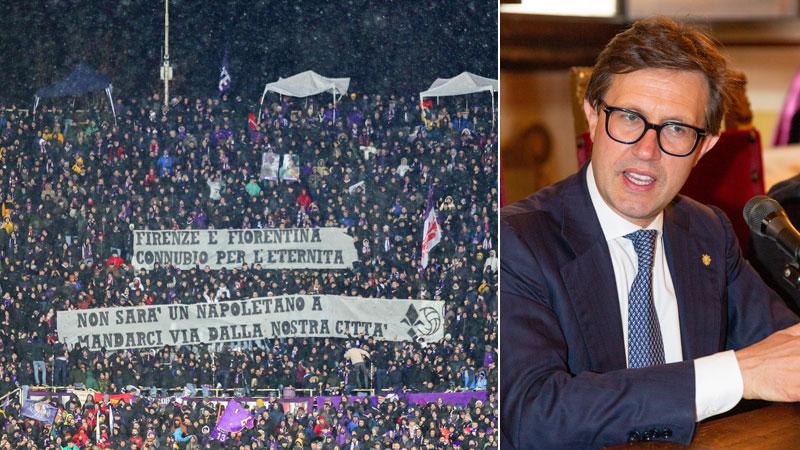 
	A sinistra lo striscione contro il sindaco Dario Nardella esposto dai tifosi della Fiesole nella gara contro l&rsquo;Udinese. A destra il sindaco Dario Nardella

