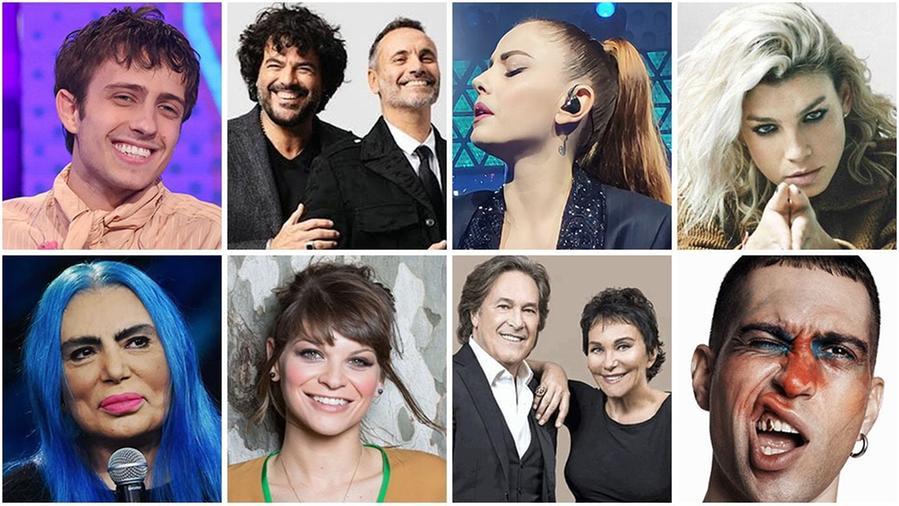 Da sinistra in alto Sangiovanni, Nek e Francesco Renga, Annalisa, Emma. Da sinistra in basso Loredana Bertè, Alessandra Amoroso, Ricchi e Poveri, Mahmood