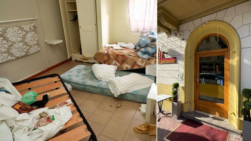 Una delle camere messe a soqquadro dai balordi e l’esterno dell’hotel Rinascimento di viale Bicchierai (foto Nucci/ Innocenti)