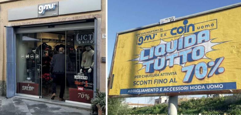 L'attuale negozio di via San Martino e l’annuncio della chiusura (foto Agenzia Bf)