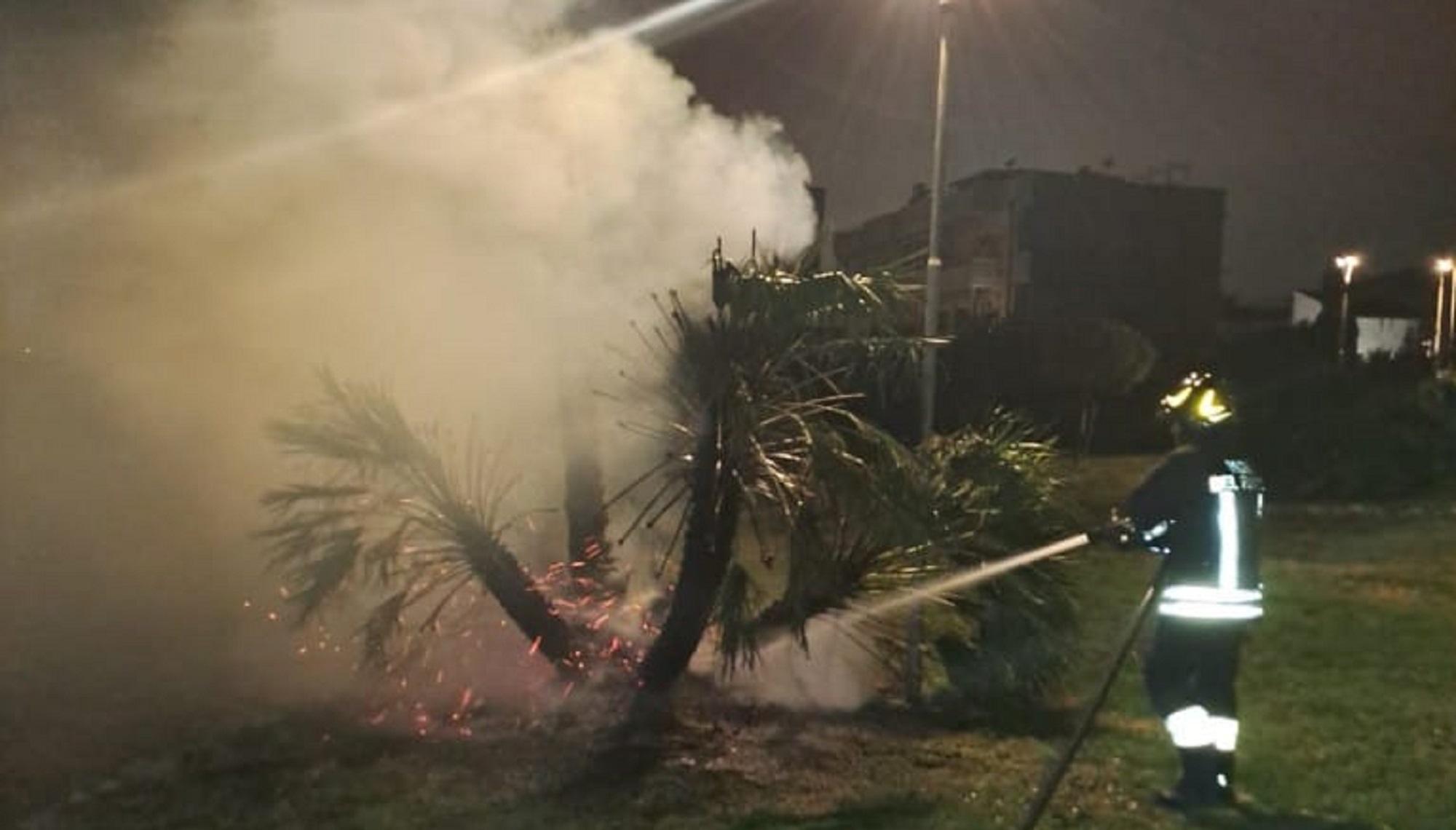 Un pompiere impegnato a domare le fiamme
