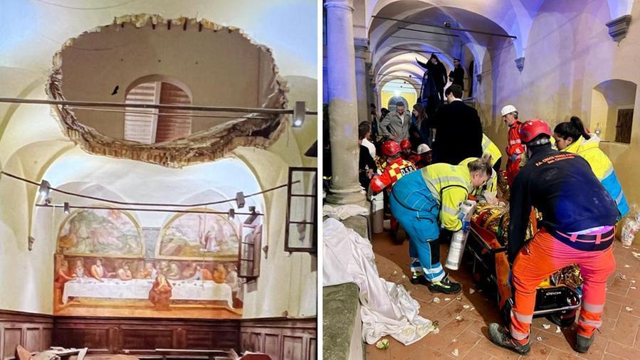 Il crollo del solaio e i soccorsi alla festa di nozze (Foto Paolo Nucci)
