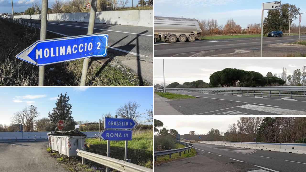 A sinistra i varchi chiusi nel comune di Grosseto al Molinaccio e Vallemaggiore (foto Bf). A lato, il varco di Cupi (Magliano) e quelli già chiusi di Albinia (Case Brancazzi) e dell’Osa nel comune di Orbetello