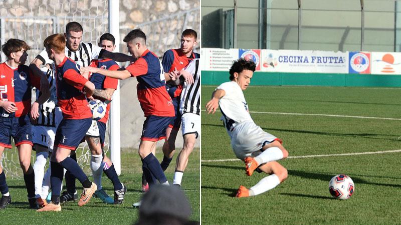 Una mischia davanti alla porta del Cecina durante la partita disputata a Massa (foto Cuffaro) e, a destra, Filippo Fiorentini in scivolata durante una gara di questo campionato (foto Michele Falorni/Silvi)