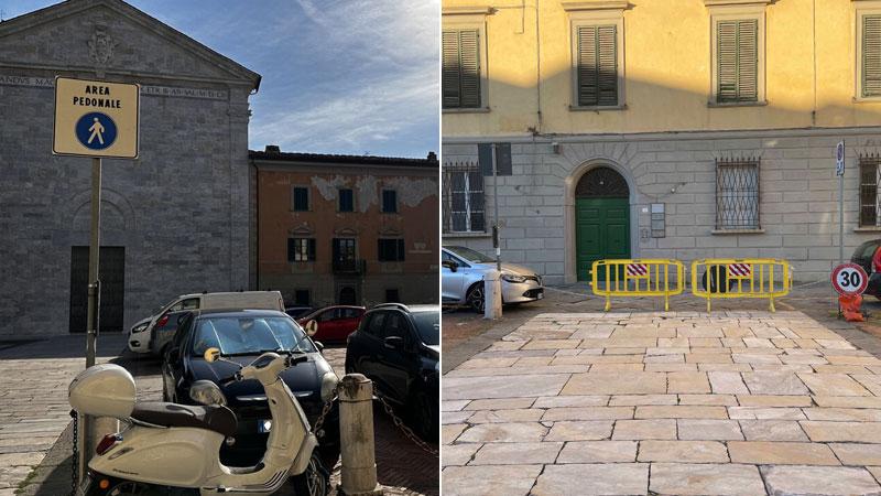 Uno scorcio di piazza San Francesco quando era un parcheggio di sosta selvaggia e, a destra, gli ingressi chiusi come si presentano attualmente