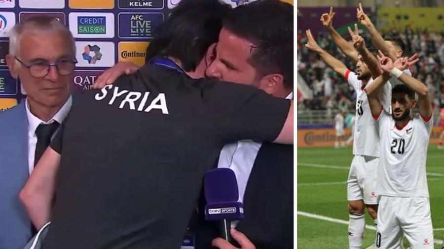 
	A sinistra l'abbraccio tra giornalista e traduttorie siriani dopo la vittoria sull'India sotto gli occhi di mister Cuper; a destra l'esultanza dei calciatori della Palestina

