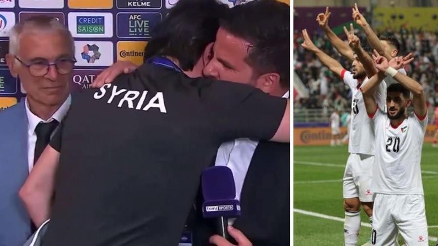 A sinistra l'abbraccio tra giornalista e traduttorie siriani dopo la vittoria sull'India sotto gli occhi di mister Cuper; a destra l'esultanza dei calciatori della Palestina