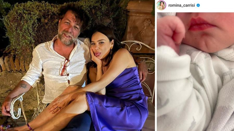 A sinistra Romina Carrisi e Stefano Rastelli, a destra il post che annuncia la nascita del figlio