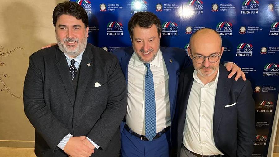Christian Solinas, Matteo Salvini e Paolo Truzzu a Cagliari <em>(foto Mario Rosas)</em>