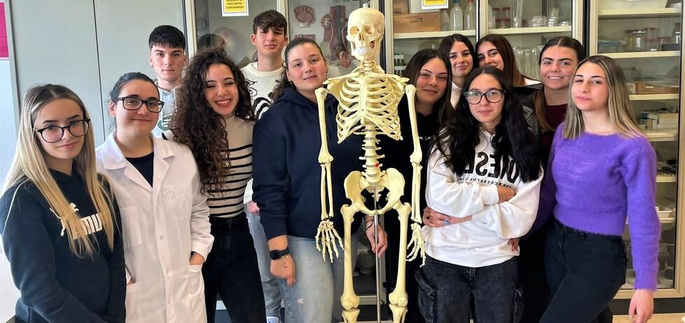 Studentesse e studenti dell’istituto biotecnologico sanitario De Sanctis-Deledda di Cagliari con lo scheletro Tommy