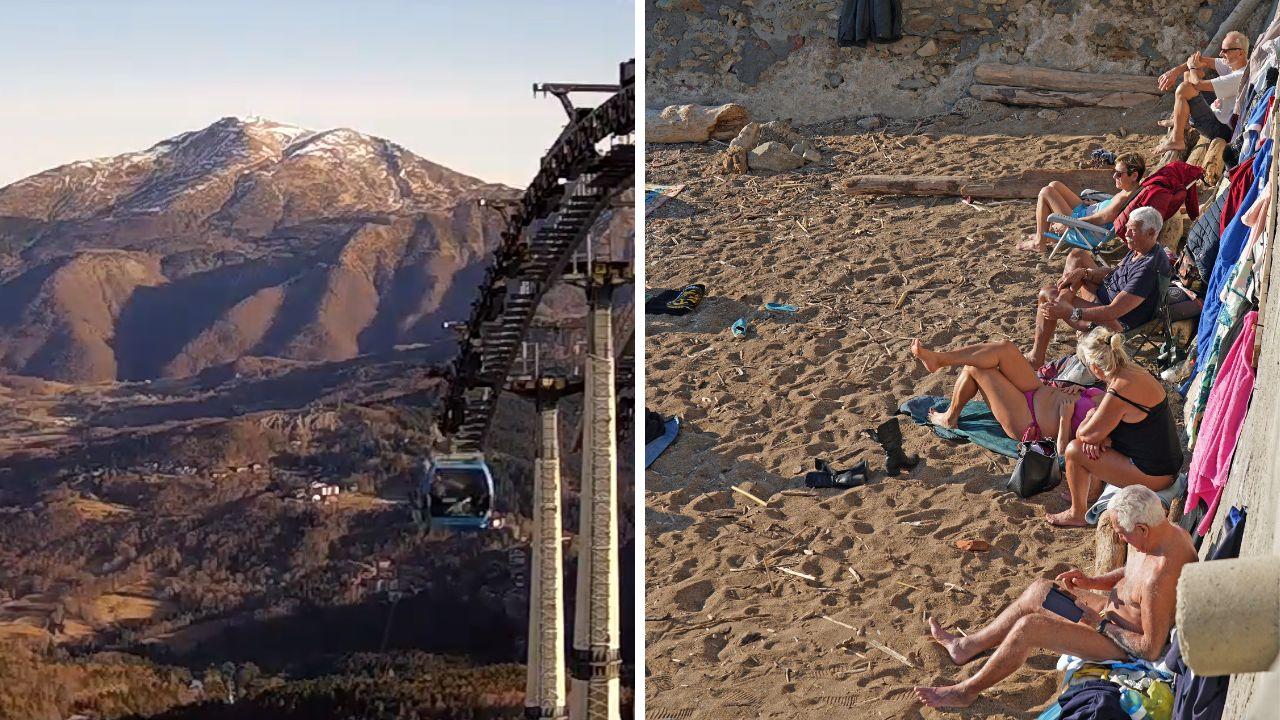 A sinistra la situazione sabato 27 gennaio sul Monte Gomito in Val di Luce, a destra gente al mare a Livorno
