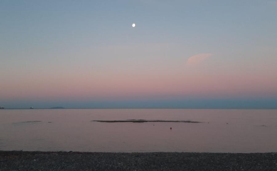 A Livorno la luna del mattino e il mare dalle sfumature rosa nello scatto di Adriana Mantellassi