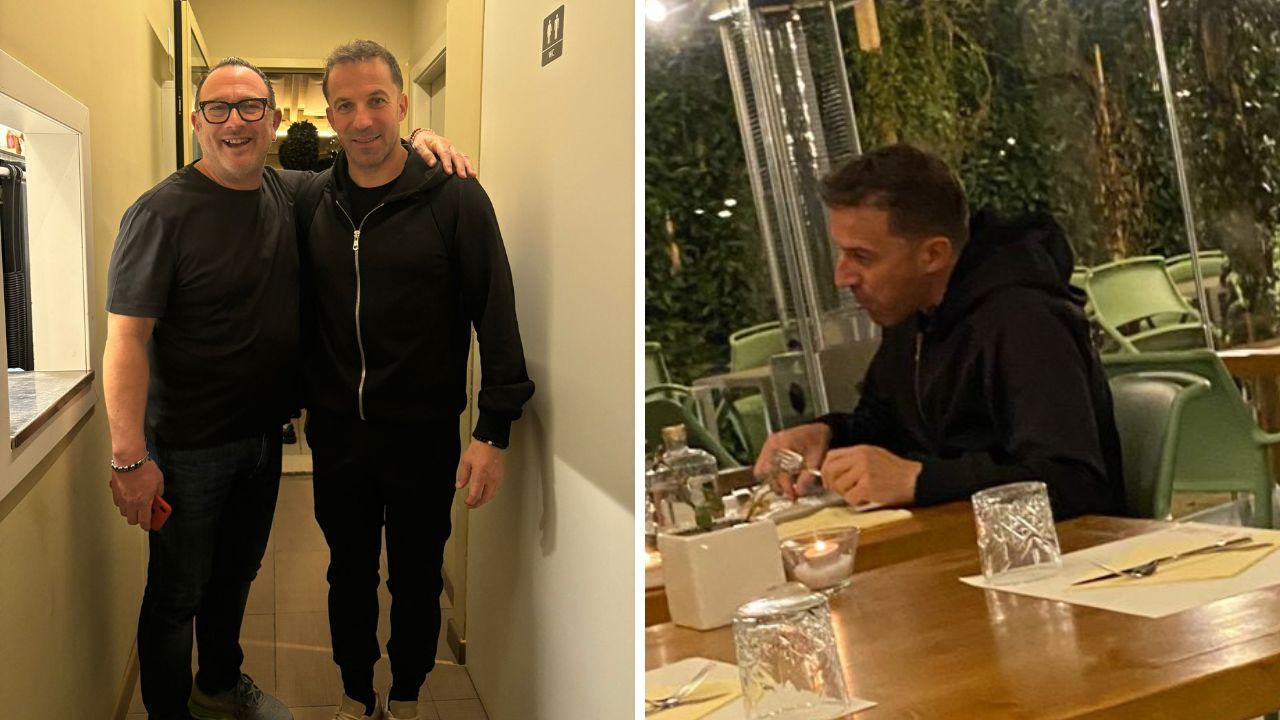 A sinistra Alessandro Del Piero con Fabio Barnini di Pepe e Sale; a destra mentre mangia la sua pizza