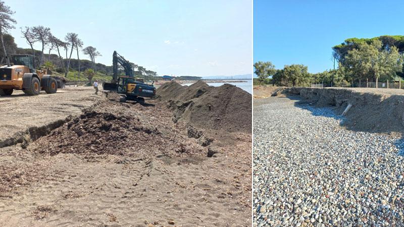 Le ruspe al lavoro sul litorale cecinese nel maggio 2023 quando furono costruite le prime dune di posidonia e, a destra, la duna attuale, erosa dalle continue mareggiate