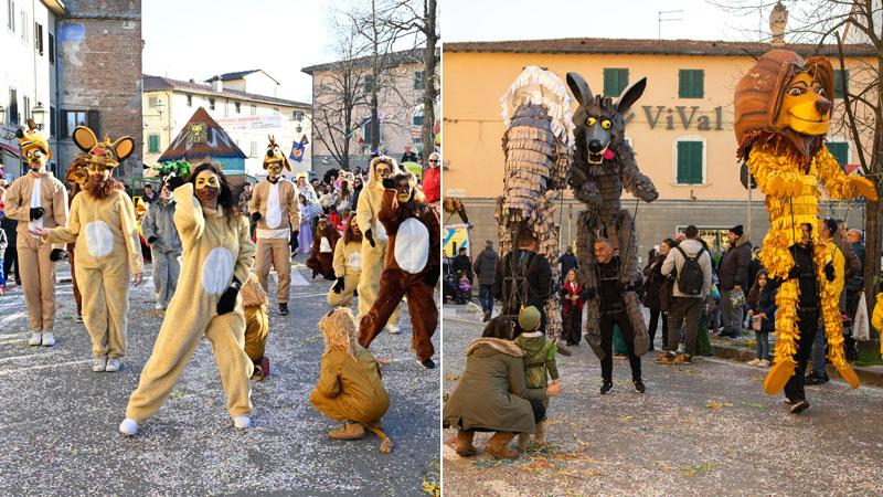 La coreografia e le maschere del Re Leone protagonista della prima uscita del Carnevale di Bientina, domenica scorsa (Foto Associazione Fotografica La Torre)
