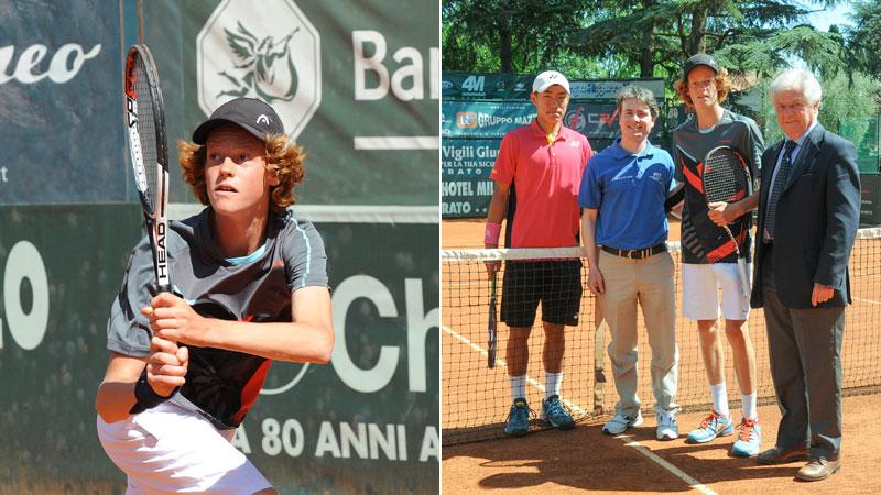 Sopra un giovane Jannik Sinner  al torneo Under 18 di Prato del 2017