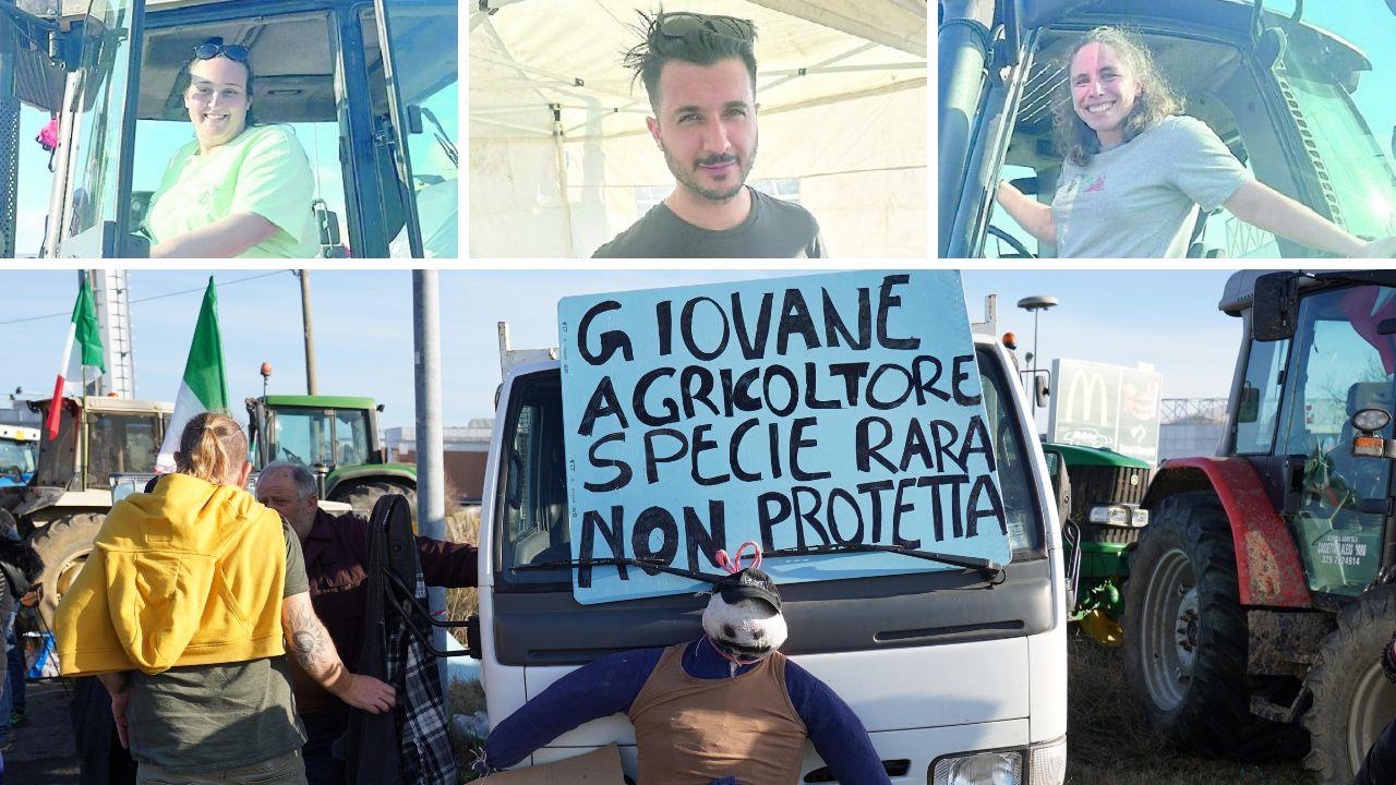 Da sinistra: Giulia, Elia e Adele; sotto un momento della protesta degli agricoltori