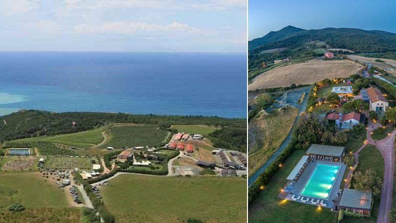 Una visuale panoramica della tenuta che ospita l’agriturismo Casale del Mare a Castiglioncello e, a destra, una parte della struttura com’è attualmente (foto tratte dal sito ufficiale del Casale del Mare)