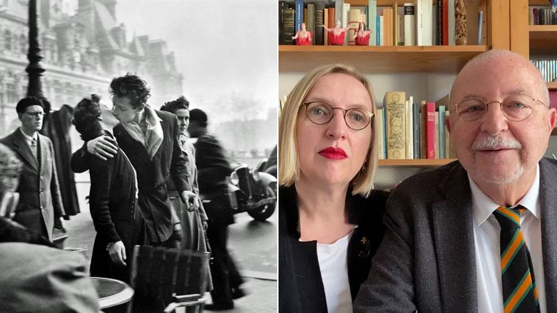 “Il Bacio davanti all’hotel De Ville”, il famossissimo bacio immortalato dal fotografo Robert Doisneau. A destra Elisabetta Moro e Marino Niola