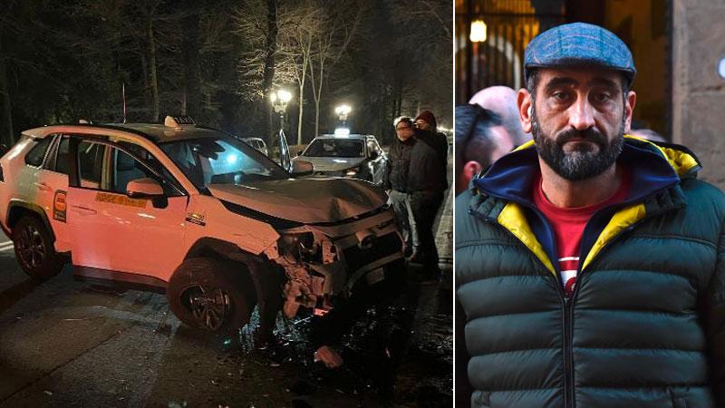 Il taxi dopo lo schianto contro un palo della luce durante la fuga e a destra Gianni Scolari, il tassista aggredito