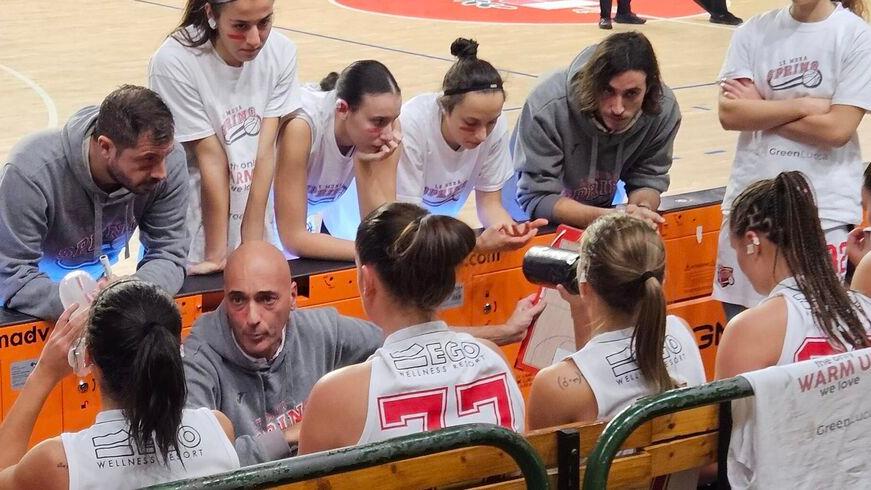 Le ragazze del Green Lucca con il coach Luca Biagi durante un time out
y