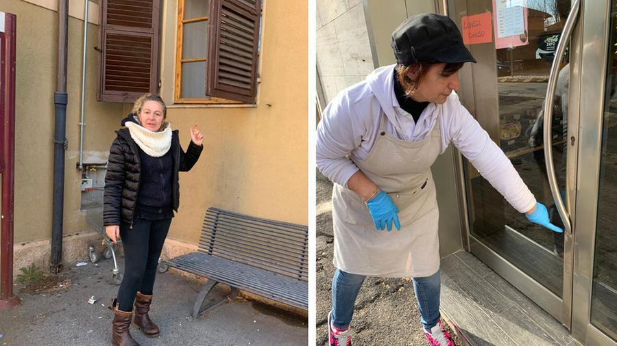 
	Nicoletta Stoduto, presidente del circolo Arci di via Senese mostra le persiane staccate dalla donna che ha dato in escandescenze e&nbsp;a destra la commessa del forno di via Senese mostra<br />
	i segni del tentato furto


