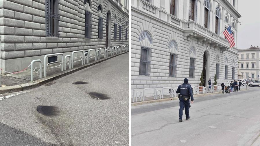A sinistra il punto dell'attentato a destra l'ingresso del consolato Usa a Firenze