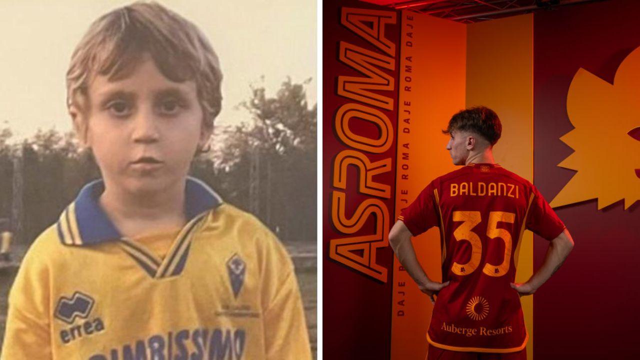 A sinistra Tommaso Baldanzi bambino con la maglia del Castelfiorentino, a destra con quella della Roma