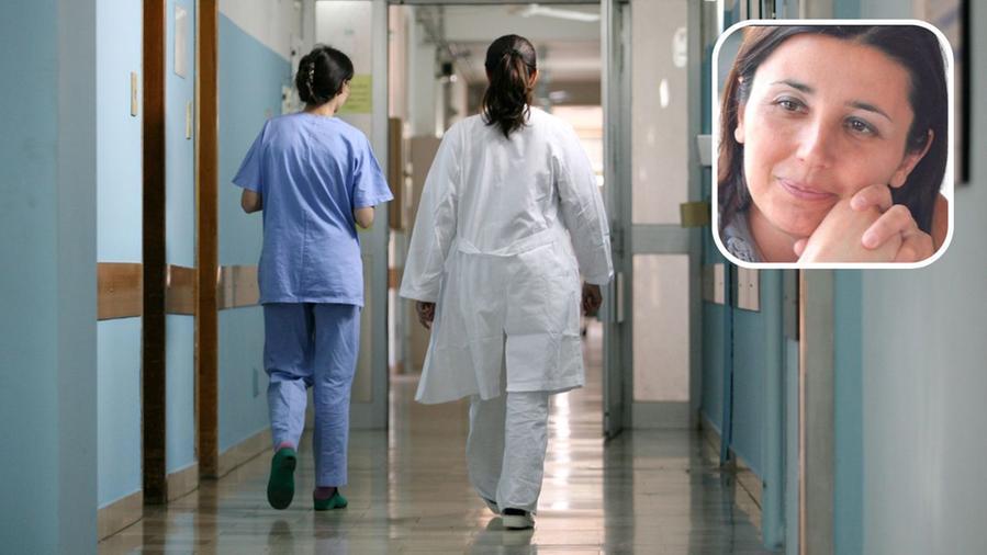 La corsia di un ospedale e in alto a destra l'infermiera Francesca Terzaroli