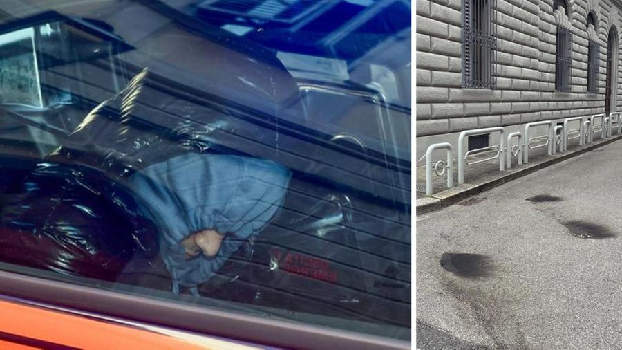 
	A sinistra il giovane arrestato, a destra il segno delle molotov lanciate al consolato Usa a Firenze

