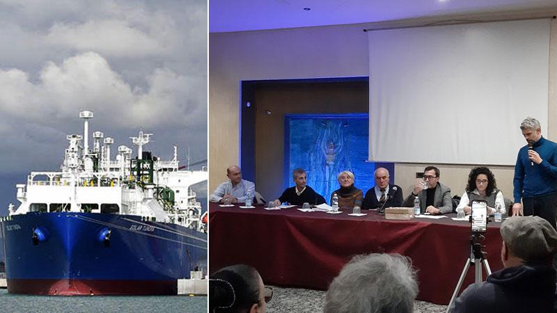 La nave rigassificatore ormeggiata nel porto di Piombino e un momento dell’incontro organizzato dai comitati all’hotel Centrale