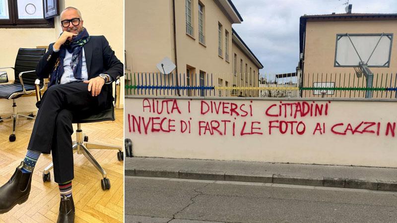 La foto pubblicata dal sindaco sui social nella Giornata internazionale dei calzini spaiati e la scritta con cui è stato imbrattato il muro della scuola “De Amicis”